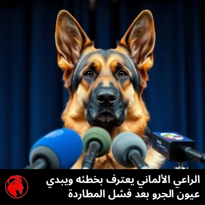 كلب راعٍ ألماني في مؤتمر صحفي بعد الهزيمة، تعليق الميم: German يعترف بالخطأ ويصنع عيني جرو حزين على إخفاق «مطاردة السيارة»