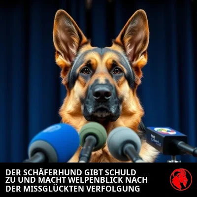 Deutscher Schäferhund auf der Pressekonferenz nach der Niederlage, Meme-Unterschrift: German gibt seinen Fehler zu und macht traurige Welpenaugen wegen des Missgeschicks bei der Autojagd