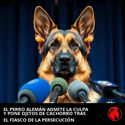 Pastor alemán en rueda de prensa tras la derrota, pie de meme: Germán admite su culpa y pone ojos de cachorro triste por el percance en la Persecución de Coches