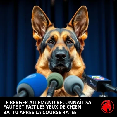 Berger allemand en conférence de presse après la défaite, légende meme : German reconnaît sa faute et fait des yeux de chiot triste après la mésaventure de la Poursuite de Voiture