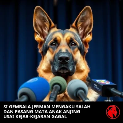 Anjing gembala Jerman dalam konferensi pers pascakekalahan, takarir meme: German mengakui kesalahannya dan memasang mata anak anjing sedih atas insiden Pengejaran Mobil