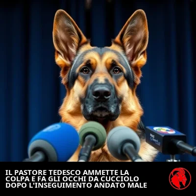 Pastore tedesco in conferenza stampa dopo la sconfitta, didascalia meme: German ammette la colpa e fa gli occhi da cucciolo triste per l'incidente nell'Inseguimento di Auto