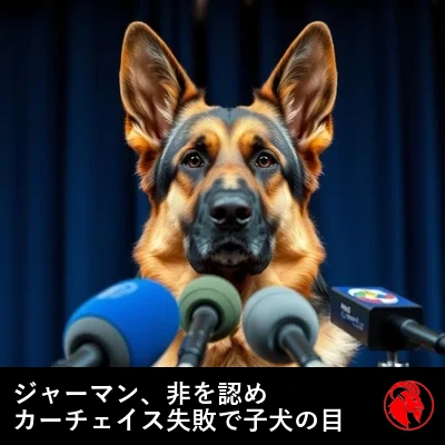 敗戦後の記者会見に臨むジャーマン・シェパード、ミーム字幕「ジャーマンが非を認め、カー・チェイスの失態に悲しい子犬の目をする」