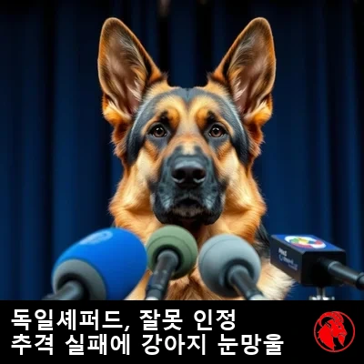 패배 직후 기자회견에 나선 저먼 셰퍼드, 밈 캡션: 저먼이 자동차 추격전 실수에 대해 잘못을 인정하며 슬픈 강아지 눈빛을 짓고 있다