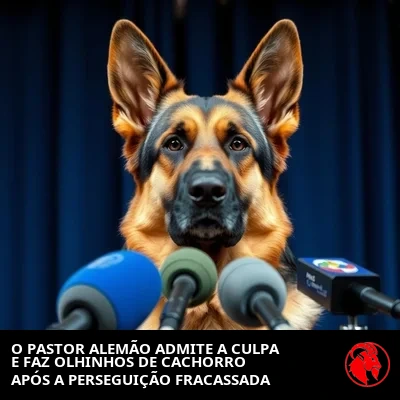 Pastor-alemão em coletiva de imprensa após a derrota, legenda de meme: German admite a culpa e faz olhos de cachorrinho triste pelo incidente na Perseguição de Carros