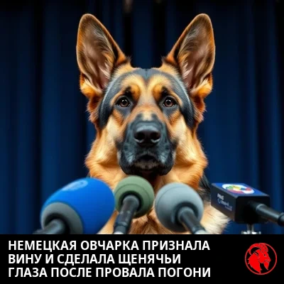 Немецкая овчарка на пресс-конференции после поражения, подпись-мем: German признаёт ошибку и делает грустные щенячьи глаза по поводу провала «погони за машиной»