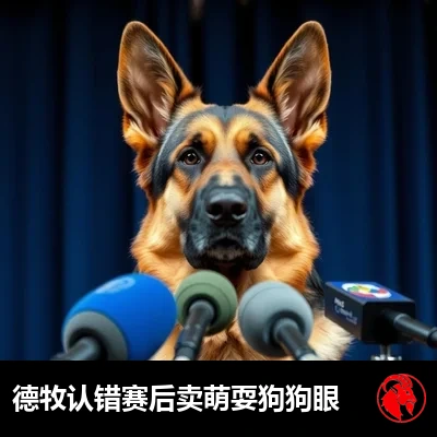 德国牧羊犬在赛后新闻发布会上，梗图字幕：German承认过错，为「追车」失利露出可怜的小狗眼神