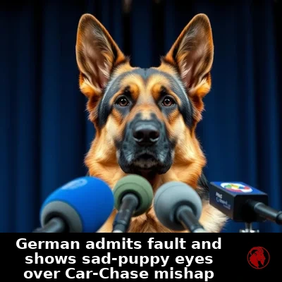German Shepherd at post-loss press conference, meme caption: German admits fault and shows sad-puppy eyes over Car-Chase mishap