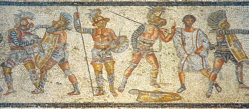 Ancient Roman mosaic from Zliten depicting gladiators in armed combat in the arena