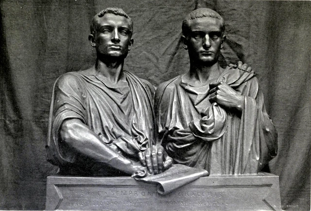 Eugene Guillaume's sculpture of the Gracchi brothers, the Roman reformers killed for championing land for the poor, their hands resting on a property document