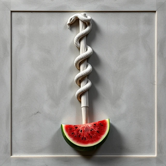 The Rod of Asclepius plunged into a split watermelon, in the classical manner