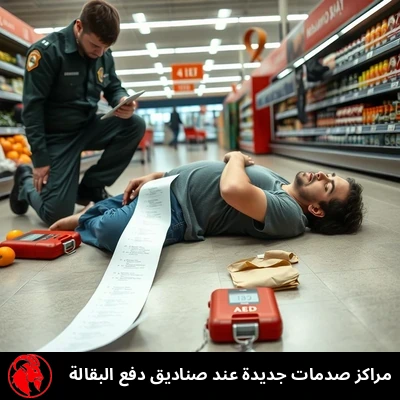 متسوّق فاقد للوعي على أرض ممرّ صندوق الدفع في محلّ بقالة، وفاتورة طويلة تتدلّى من يده، ومسعف راكع إلى جانبه بجوار جهاز إنعاش مفتوح