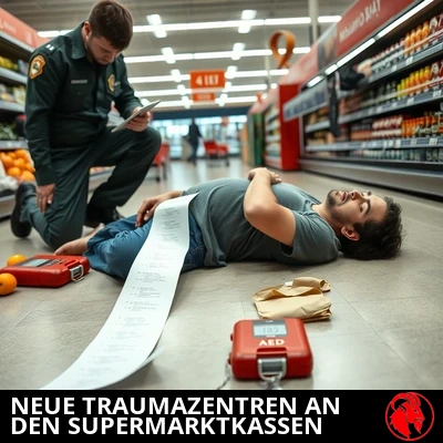 Bewusstloser Kunde auf dem Boden eines Kassenbereichs im Supermarkt, ein langer Kassenbon hängt aus einer Hand, ein Sanitäter kniet daneben an einem geöffneten Defibrillator