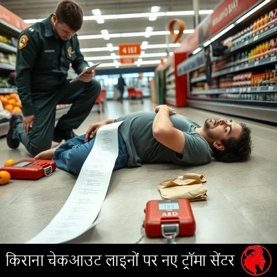 किराना चेकआउट लेन के फ़र्श पर बेहोश पड़ा एक ग्राहक, एक हाथ से लंबी रसीद लटकती हुई, पास में एक पैरामेडिक खुले AED के साथ घुटनों के बल बैठा हुआ