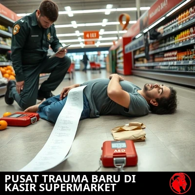 Pembeli pingsan di lantai lorong kasir toko bahan makanan, struk panjang menjuntai dari satu tangan, seorang paramedis berlutut di sampingnya dengan AED terbuka