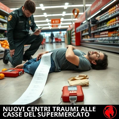 Cliente svenuto sul pavimento di una corsia di cassa del supermercato, un lungo scontrino che pende da una mano, un paramedico inginocchiato accanto a un defibrillatore aperto