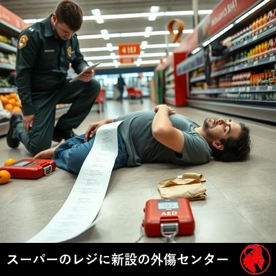スーパーのレジ通路の床で意識を失う買い物客、片手から長いレシートが垂れ下がり、傍らで救急隊員が開いたAEDのそばにひざまずいている
