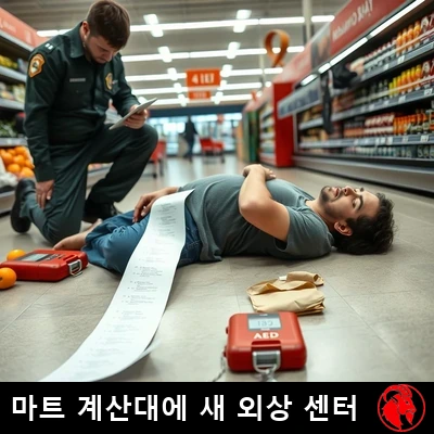 식료품점 계산대 통로 바닥에 쓰러진 손님, 한 손에서 길게 늘어진 영수증, 그 옆에 무릎을 꿇고 자동 제세동기를 펼친 응급구조사