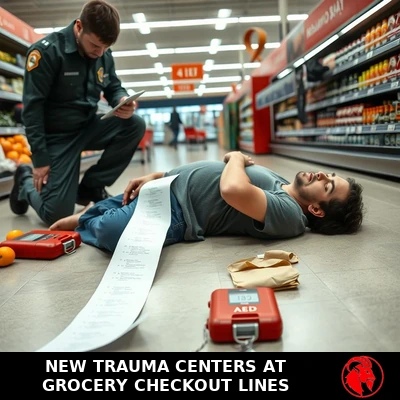 Unconscious shopper on the floor of a grocery checkout aisle, long receipt trailing from one hand, a paramedic kneeling alongside an open AED