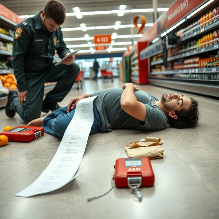 Unconscious shopper on the floor of a grocery checkout aisle, a paramedic kneeling alongside an open AED