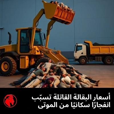 جرّافة تغرف أشخاصاً من كومة من الأجساد المتهالكة وتلقي بهم في قلّاب؛ التعليق: أسعار البقالة الخطيرة طبّياً أدّت إلى طفرة سكّانية من الموتى
