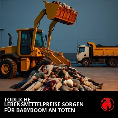 Ein Radlader schaufelt Gestalten aus einem Haufen schlaffer Körper in einen Transporter; Unterschrift: Medizinisch gefährliche Lebensmittelpreise haben zu einem Bevölkerungsboom an Toten geführt