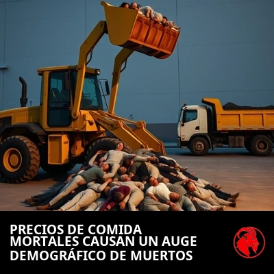 Una pala cargadora recogiendo figuras de una pila de cuerpos inertes para echarlas en un volquete; pie de meme: Los precios médicamente peligrosos de la compra han provocado un boom demográfico de personas muertas