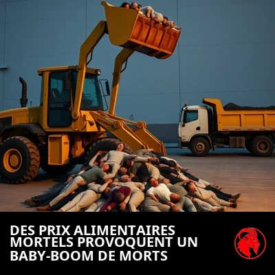 Une chargeuse frontale ramassant des silhouettes dans un tas de corps inertes pour les verser dans une benne ; légende : des prix d'épicerie médicalement dangereux ont entraîné une explosion démographique de personnes décédées
