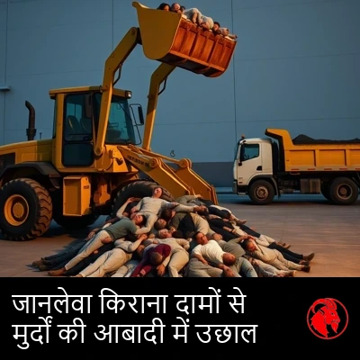 एक फ़्रंट-लोडर निढाल पड़ी देहों के ढेर से लोगों को उठाकर एक हॉलर में डालता हुआ; कैप्शन: चिकित्सकीय रूप से ख़तरनाक किराना क़ीमतों ने मृत लोगों की आबादी में उछाल ला दिया है