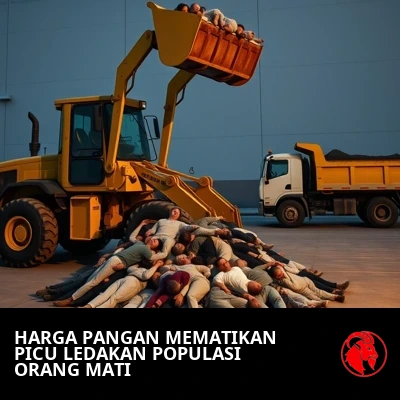 Sebuah loader depan menyendok sosok-sosok dari tumpukan tubuh lunglai ke dalam truk angkut; takarir: Harga bahan makanan yang berbahaya secara medis telah memicu ledakan populasi orang mati