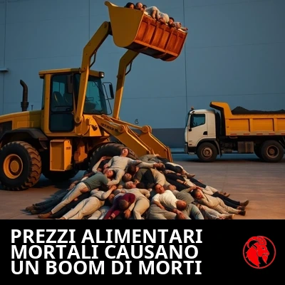 Una pala caricatrice raccoglie figure da un mucchio di corpi inerti e le scarica in un autocarro; didascalia: I prezzi della spesa pericolosi per la salute hanno provocato un boom demografico di morti