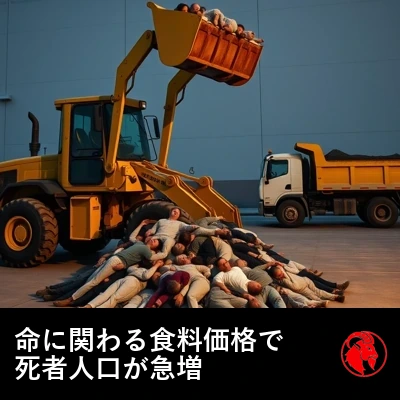 ぐったりした遺体の山から人影をすくい上げて運搬車へ積み込むフロントローダー、字幕「医療的に危険なスーパー価格が死者の人口爆発を招いた」