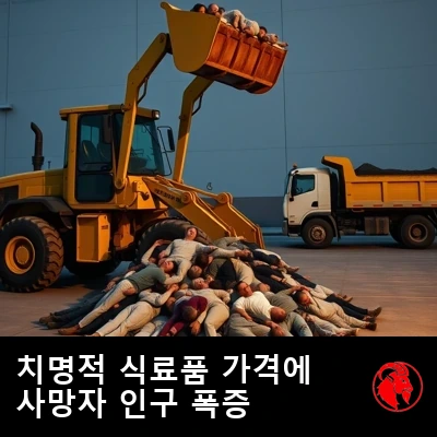 축 늘어진 시신 더미에서 형체들을 퍼올려 운반차에 담는 프런트로더, 캡션: 의학적으로 위험한 식료품 가격이 죽은 사람들의 인구 폭증을 불러왔다