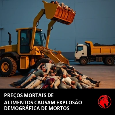 Uma pá carregadeira recolhendo figuras de uma pilha de corpos moles e jogando-as numa caçamba; legenda: Preços de supermercado clinicamente perigosos provocaram uma explosão populacional de mortos