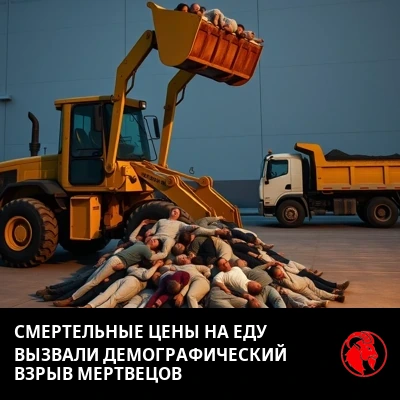 Фронтальный погрузчик зачерпывает фигуры из кучи обмякших тел и грузит их в самосвал; подпись: медицински опасные цены на продукты привели к демографическому буму мертвецов