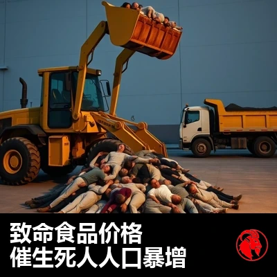 一台前装载机正把一堆软瘫的躯体铲进运输车；字幕：医学上危险的食品价格催生了一波死人人口爆炸