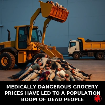 A front-loader scooping figures from a pile of limp bodies into a hauler; caption: Medically dangerous grocery prices have led to a population boom of dead people