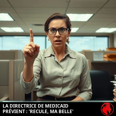 Employée Medicaid exaspérée agitant l'index en signe de refus ; légende : la directrice de Medicaid lance Back up, Ho