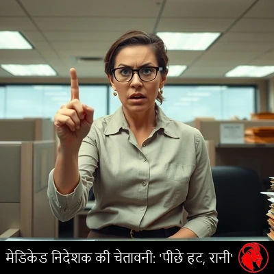 एक झुँझलाई हुई महिला Medicaid क्लर्क इनकार में उँगली हिलाती हुई; कैप्शन: Medicaid निदेशक की चेतावनी 'Back up, Ho'