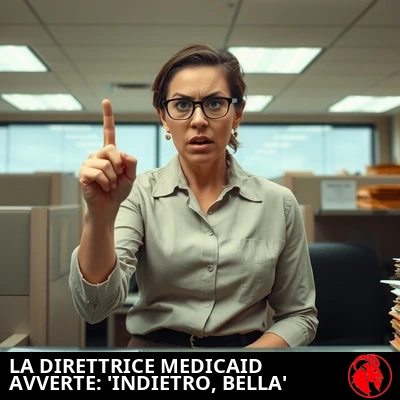 Funzionaria Medicaid esasperata che agita un dito in segno di rifiuto; didascalia: La direttrice Medicaid avverte: «Indietro, bella!»