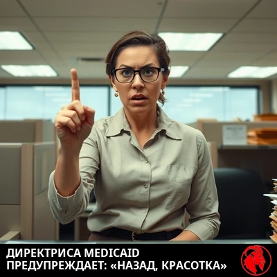 Раздражённая женщина-клерк Medicaid грозит пальцем в знак отказа; подпись: директор Medicaid предупреждает: А ну назад, дамочка