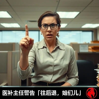 一名恼火的女Medicaid职员摆手拒绝；字幕：Medicaid主任警告「都给我退后，臭丫头」