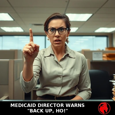 Exasperated woman Medicaid clerk waving a finger in refusal; caption: Medicaid Director warns Back up, Ho
