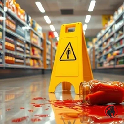 A grocery store aisle with damaged shelves and scattered products