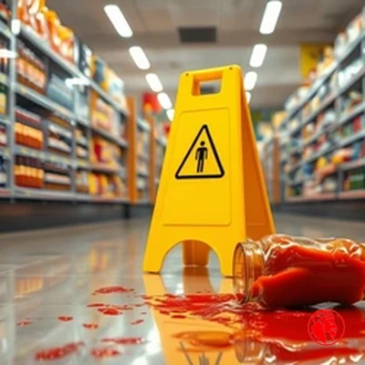 A grocery aisle with a spilled jar of kosher ragu beside a yellow hazard sign on the waxed floor