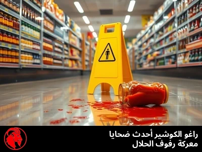 ممرّ الأطعمة العالمية في سوبر ماركت، رفوف الكوشر تواجه قسم الحلال عبر شريط ضيّق