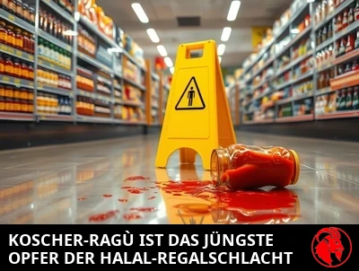 Ein internationaler Lebensmittelgang im Supermarkt, koschere Regale gegenüber der Halal-Abteilung über einen schmalen Streifen hinweg