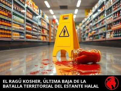 Un pasillo de alimentación internacional de supermercado, con la estantería kosher frente a la sección Halal a uno y otro lado de una estrecha franja
