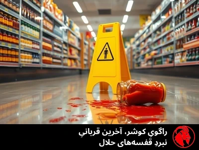 راهروی غذاهای بین‌المللیِ یک سوپرمارکت؛ قفسه‌های کوشر که در دو سوی نواری باریک روبه‌روی بخشِ حلال قرار گرفته‌اند