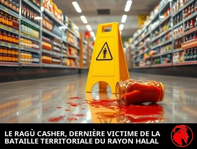 Un rayon de produits internationaux dans un supermarché, les étagères casher faisant face à la section halal de part et d'autre d'une étroite bande